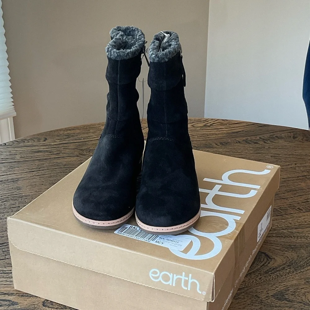Earth Black Suede Boots with Faux Fur Trim